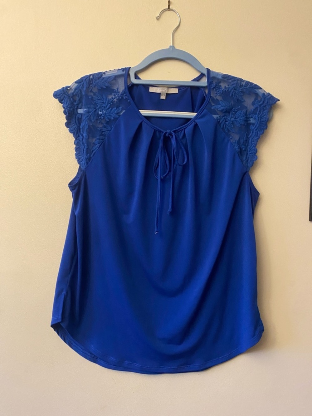 Sweet Rain Royal Blue Lace Cap-Sleeve Tie-Neck Blouse